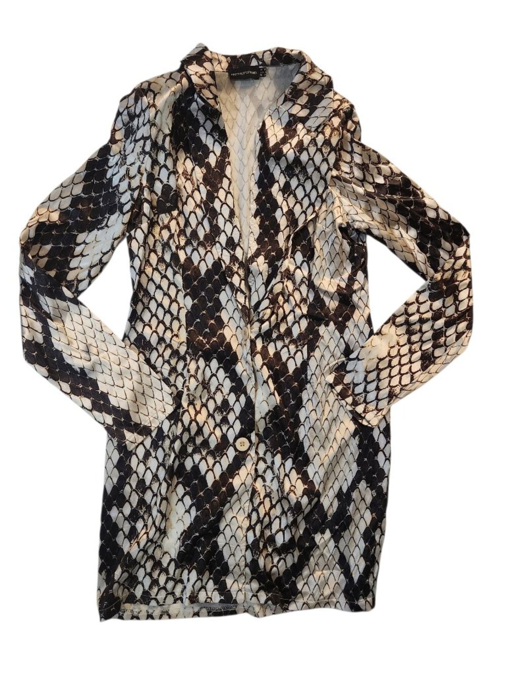 Grey Satin Snake Print Midi Blazer Dress Size 4 Plunge Neckline Long Sleeve